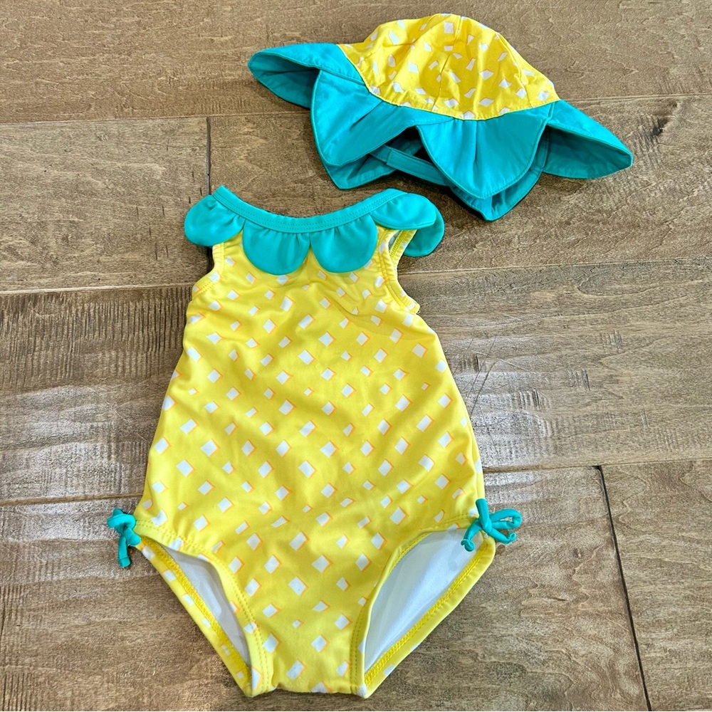 Gymboree Toddler Girls Print Ruffle One Piece Swimsuit w/ Hat Yellow 12-18 M EUC